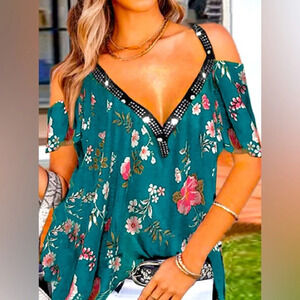 New Blue Casual Off Shoulder T-shirt Floral Boho Print Sz S